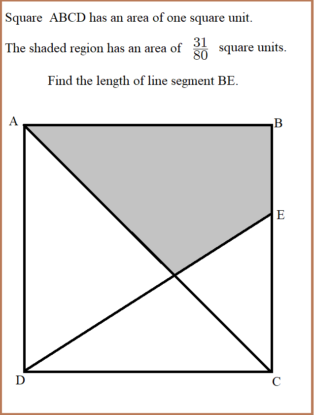 Square ABCD has an area of one square unit.
The shaded region has an area of
31/80
square units.
Find the length of line segment BE.